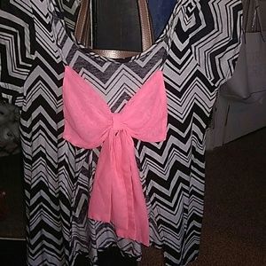 Black and white chevron shirt with pink bow